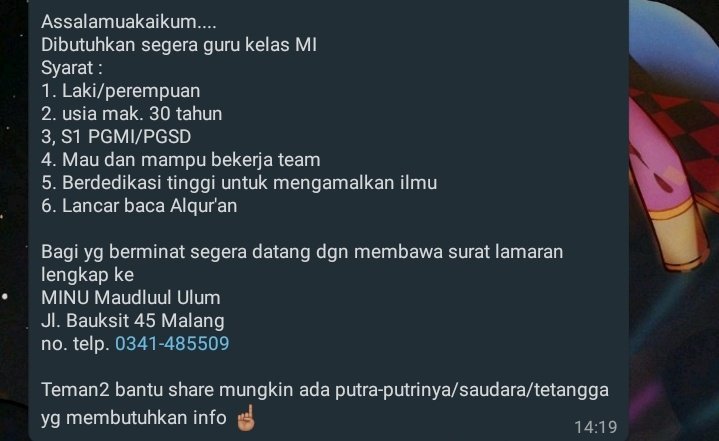 bupaal's tweet photo. Lowongan Guru Kelas
Kota Malang
#lowongan #gurukelas #malang https://t.co/s9gwESmXDU