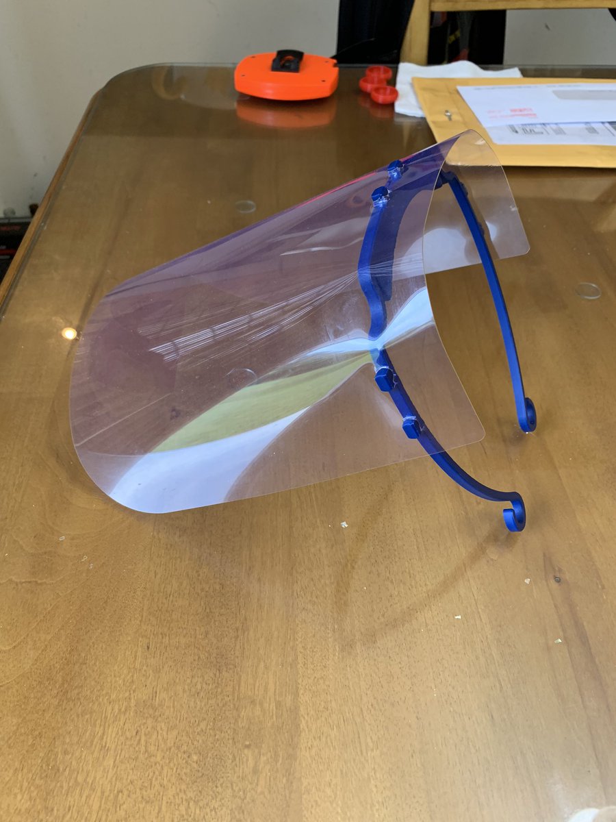 EvanLehr1's tweet photo. This is a sample of 2nd lot of face shields. For this lot, I’m using a tougher and higher heat resistant thermoplastic. ABS has almost double the Glass transition T of the initial PLA plastic faceshields. #SPM230 #COVID19 #faceshield #StaySafe https://t.co/4m0hJwdfa9