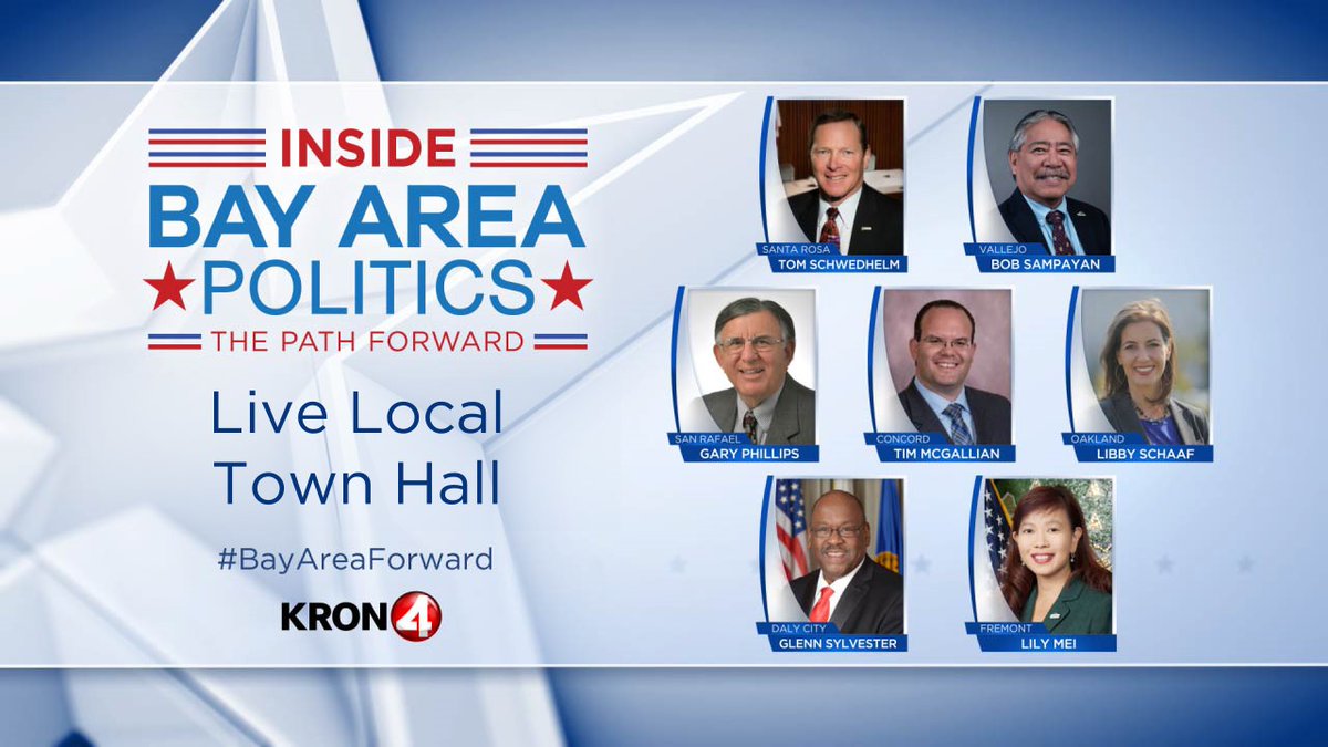kron4news's tweet photo. Participating in tonight's #BayAreaForward town hall:

Concord Mayor @TimMcGallian 
@dalycitymayor1 Glenn Sylvester
Fremont Mayor @LilyMei4Fremont 
Oakland Mayor @LibbySchaaf 
@CityofSanRafael Mayor Gary Phillips
Santa Rosa Mayor @TomSchwedhelm
@CityofVallejo Mayor Bob Sampayan https://t.co/9tftXUHM3Y