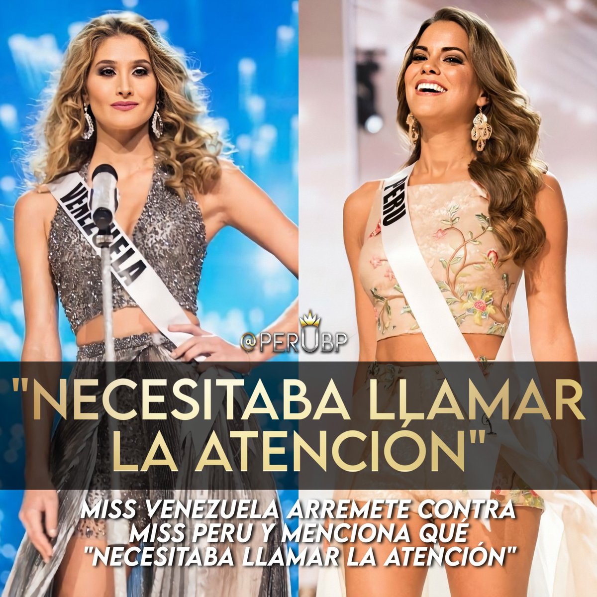 perubp's tweet photo. #missvenezuela ARREMETE CONTRA #missperu Y MENCIONA QUE "NECESITABA LLAMAR LA ATENCIÓN" Recordemos que #mariamhabach protagonizó un bochornoso video donde pisa el vestido de la Miss #peru #valeriapiazza y no se disculpó jamás. #venezuela https://t.co/NuwFXYPYGi