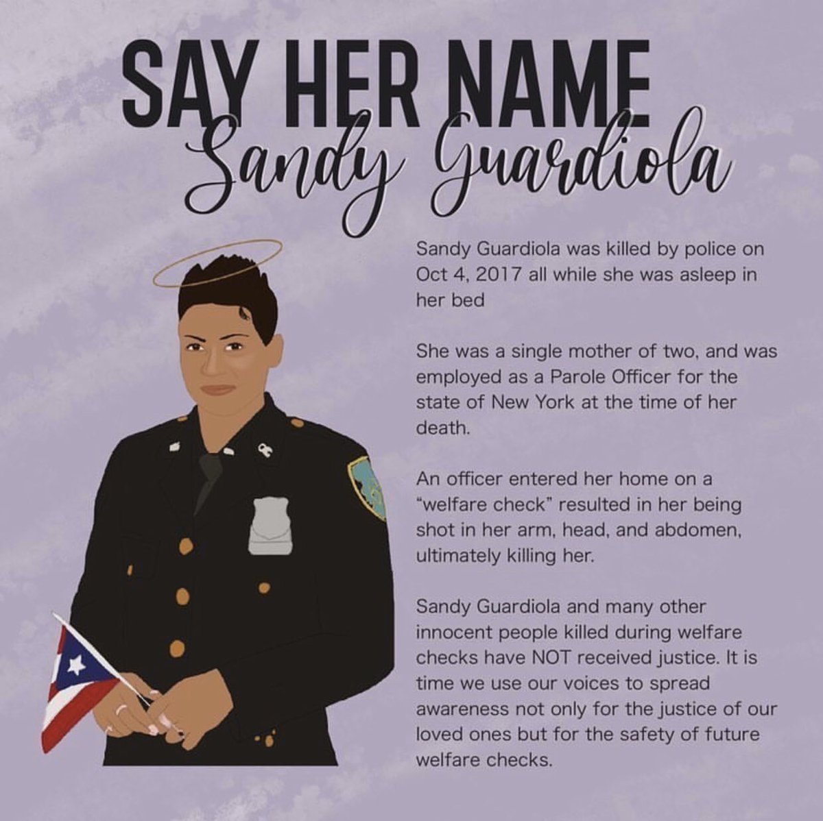 ivannizzle's tweet photo. On October 4th, 2017 #SandyGuardiola was asleep in her bed when a Canandaigua New York police officer entered her apartment on a “welfare check”.
She was shot 3 times in the arm, head and abdomen, ultimately killing her.
The officer faced NO disciplinary action.
SAY HER NAME https://t.co/9A0jErXm64