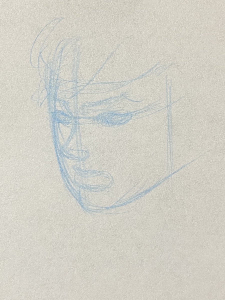 This angle is hard. Not quite a 3/4 view, but not flat either. Key is to not draw the eye to far back, and to not overextend the nose. This is also an example of one direction hatching, instead of crosshatching 