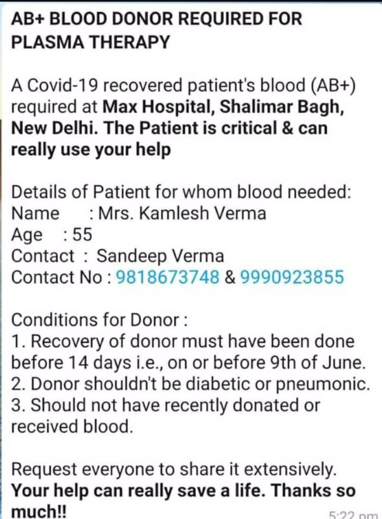 AAJMI2018's tweet photo. #JamiaMilliaIslamia #JMI Alumnus Sandeep Verma urgently neded blood 🩸 for plasma therapy. 

Please spread the word 🙏 https://t.co/7F6XN2kKqE