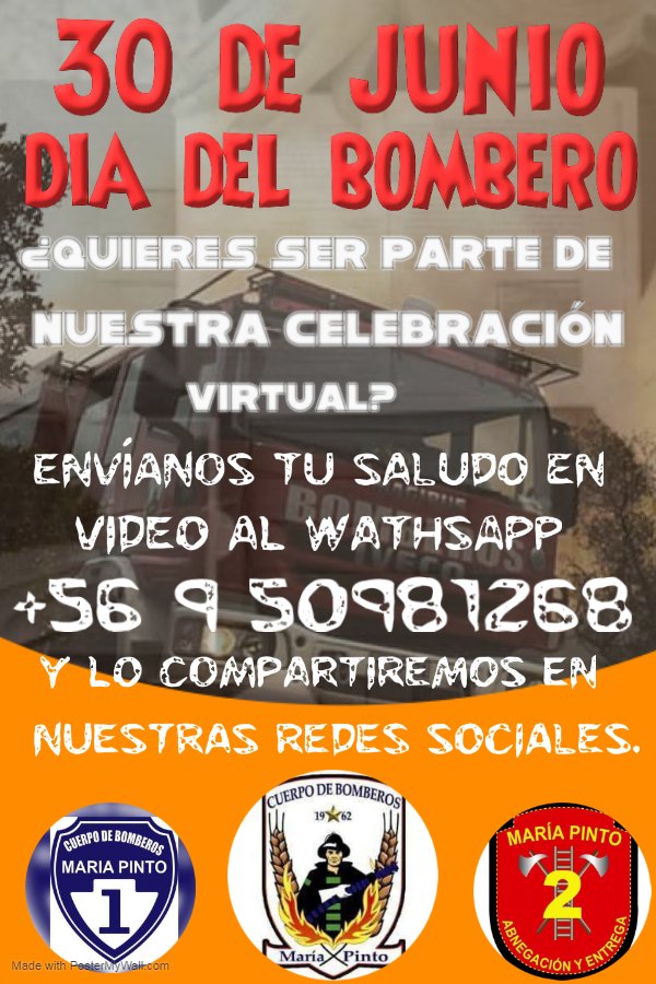 Estimados (as) como muchos saben el 30 de Junio es el dia del Bomberos en nuestros país, debido a lo que esta pasando en nuestro país no podremos celebrarlo como quisiéramos, pero dada las circunstancias queremos invitarlos a celebrarlo de manera virtual junto a nosotros.