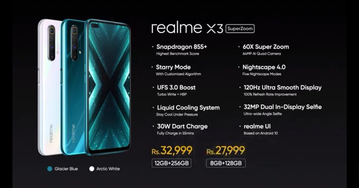 Technovision901's tweet photo. RealmeX3SuperZoom price in India😍😍
. 
. 
. 
#realme #realmeX3 #RealmeX3SuperZoom #smartphone #india #price #launch #event https://t.co/P3dYCMKolp