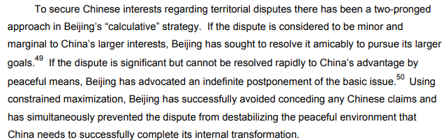 "If the dispute is significant but cannot be resolved rapidly to China’s advantage by peaceful means, Beijing has advocated an indefinite postponement of the basic issue."