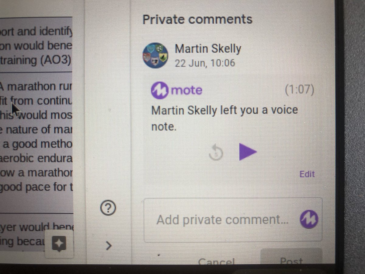 Skelly_PE's tweet image. I’ve started to use the #Mote extension for Chrome to provide audio feedback on students’ work submitted on #GoogleClassroom. Really simple to add up to 1m30s at a time of in depth feedback, really effective for students (especially at present!) and time saving for teachers.