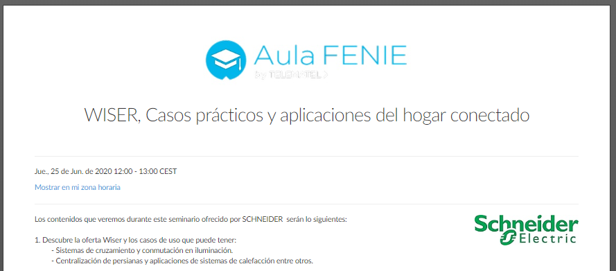 ▶️ El curso de <a href="/SchneiderLAM/">Schneider Electric</a> "WISER, Casos prácticos y aplicaciones del hogar conectado" está a punto de comenzar  en AulaFENIE 💻💡📚

📢 Corre que te lo pierdes 🚴‍♂️🤸‍♀️⏱📢

⏰ A las 12:00 horas

❗️La mejor #formacion #Online GRATIS❗️

➡️ Inscríbete aquí👇
url2.cl/qzXWQ