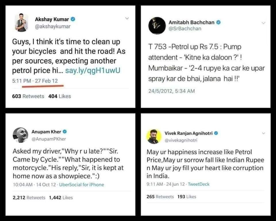 Priscilla4949's tweet photo. Where are these guys now?? #Hypocrite #Hypocrisy #Bhakts #bhaktlogic #andhbhakts #FuelPriceHike #BJPFailsIndia #BJP #bjptherealantinational @akshaykumar @AnupamPKher @SrBachchan @vivekagnihotri https://t.co/6YJQ9nXLjk