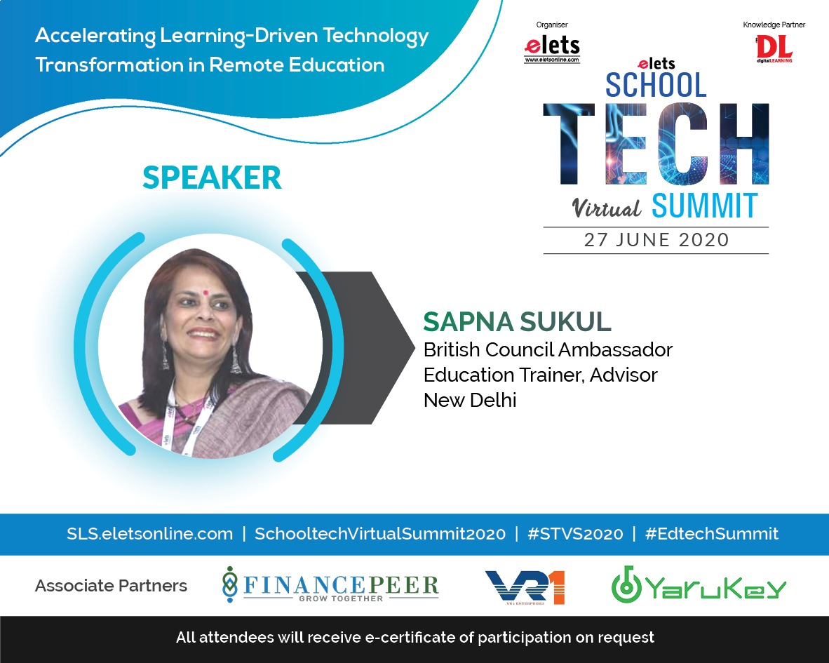 dl_magazine's tweet photo. .@eletsonline is ecstatic to have @sapna_sukul, British Council Ambassador, Education Trainer, Advisor, #NewDelhi as an Eminent Speaker at the School Tech Virtual Summit, which will be held on 27 June, 2020.

Register Now: https://t.co/AvR97wbTLN

#SchoolTechVirtualSummit2020 https://t.co/LJtv2VByb5