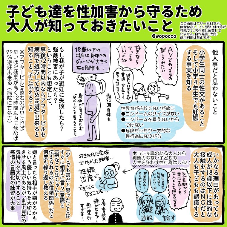 前回バズった性加害のまとめで伝えきれなかった部分を追加で漫画にしました
幼児期の性教育画像と前回の画像も細かい所を修正してこちらのURLに一覧にして読みやすくしてますので是非使ってやって下さい!
↓
https://t.co/zy84BAPeuF

色んな人に届きますように…

#ヲポコめも #包括的性教育 