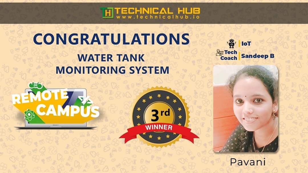 technicalhubio's tweet image. Congratulations to Water Tank Monitoring System team participated in Remote Campus for being the 3rd winner.

▪️Pavani
#FeedbackSystem #3rdWinner #RemoteCampus #technicalhubio #TechnicalHub