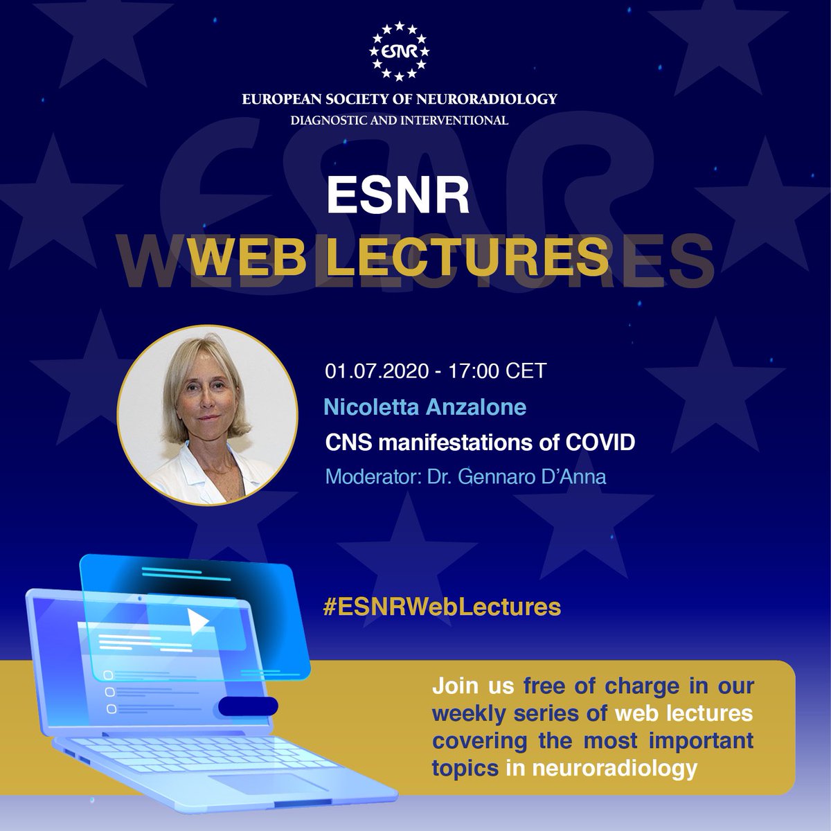#ESNRWebLectures: Nicoletta Anzalone will talk about “CNS manifestations of COVID” next Wednesday at 17:00CET.
Registrations are now open ONLY FOR ESNR MEMBERS; tomorrow for non-members too.
👉 esnr.org/en/esnr-web-le…
 #neurorad #radres #Covid_19 #COVID19