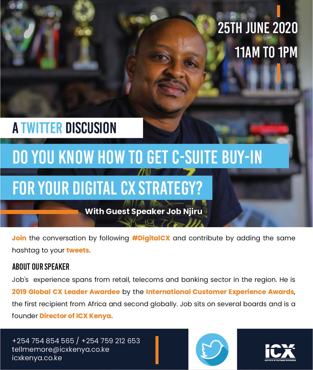 icx_kenya's tweet photo. Good Morning. We are excited to start our twitter chat this morning. The value of the discussion hinges on your participation. Let’s learn from each other and from our Guest Speaker. The hashtag you need to participate is #CXStrategy https://t.co/AV248pA5mP
