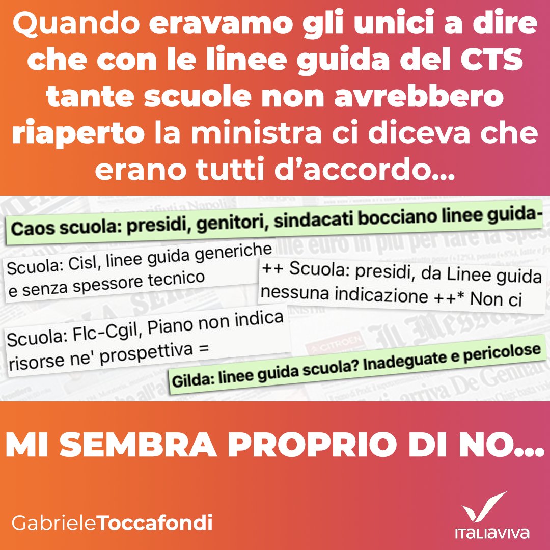 Lo ribadisco: le #lineeguida del CTS del 28 maggio non vanno bene per la riapertura delle #scuole a settembre. Il ministero si prenda le proprie responsabilità e dia indicazioni realizzabili, usando buonsenso e ragionevolezza