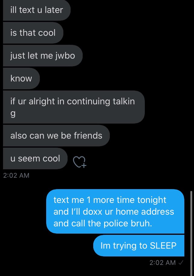 PQRNHUBZ's tweet photo. 2 am and I’m trying to sleep 😭😭 this random normie has texted me so much like im losing it (btw this is an empty threat idk how to doxx 🥺) https://t.co/mzbN7Z3Uiw