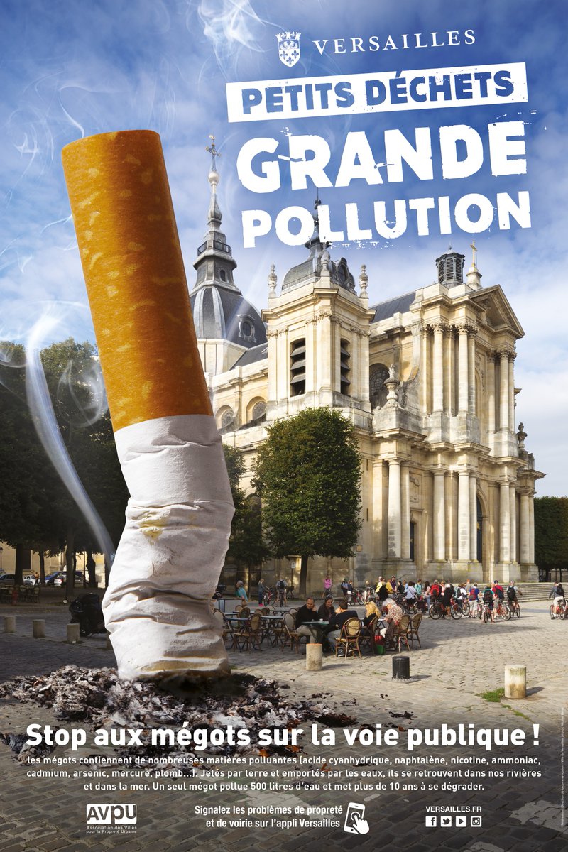 FdeMazieres's tweet photo. Vous êtes nombreux à profiter des terrasses de #Versailles, alors respectez notre #environnement en ne jetant plus vos mégots par terre. Ces derniers comportent de nombreuses matières polluantes qui se retrouvent dans nos rivières puis dans la mer.
⚠️1 mégot = 500 L d'eau pollués https://t.co/ZwIcR2dq4u