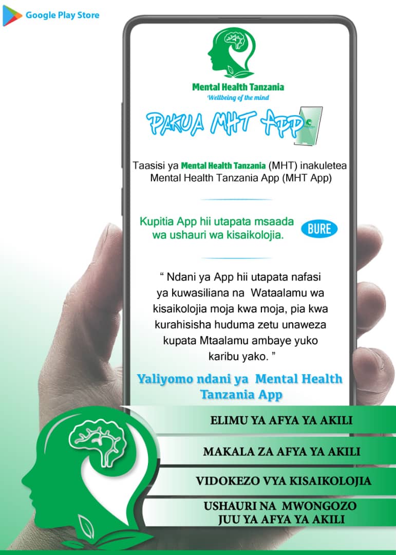 MentalHealth_TZ's tweet photo. Taasisi ya Mental Health Tanzania (MHT) inakuletea Mental Health Tanzania App (MHT App). Utawezapata msaada wa ushauri wa kisaikolojia bure kupitia kupakua App hii.
https://t.co/Ik5lkycTA9
#MHTApp
#MentalHealthTanzaniaApp
#MentalHealthTanzania
#AfyaYaAkiliTanzania https://t.co/Hab9VyRWx5