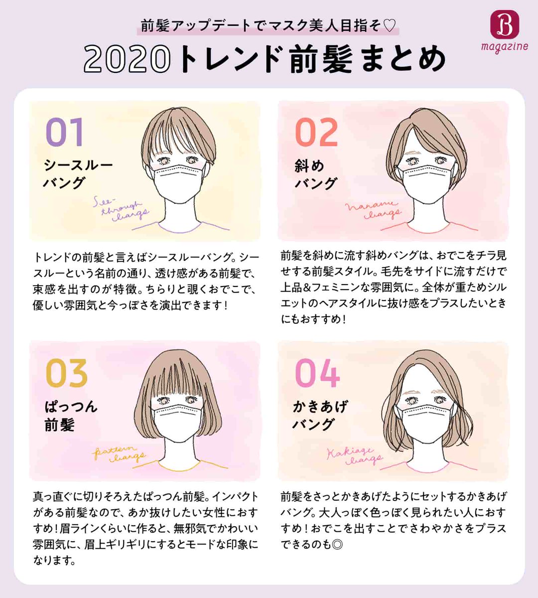 ホットペッパービューティー Twitter પર 前髪から マスク美人 目指そ トレンドバング 総ざらい 外出にはマスクが必須な今 印象を大きく左右する前髪で トレンドを取り入れるのはいかが 今年トレンドの前髪をピックアップしたよ ピンでつくるアレンジ