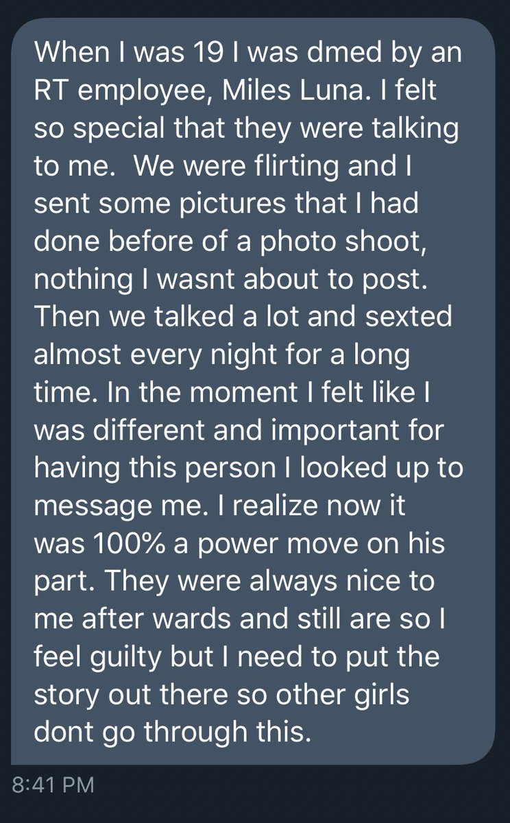 This one is Disheartening. RT Employees need to be held to a better standard — you hold a position of power over community members and it is not okay to abuse that, Miles. Thank you Anonymous for sharing your story.PLEASE YOUNG GIRLS/NB IN THE RT COMMUNITY, KEEP YOURSELF SAFE!