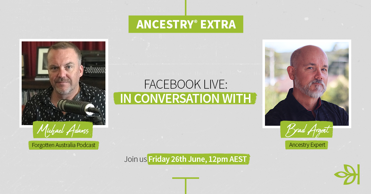 Join us on our livestream this Friday 12pm AEST as we welcome Michael Adams from the 'Forgotten Australia' podcast (<a href="/podcast_oz/">Forgotten-Oz-Podcast</a>), in conversation with Ancestry Expert <a href="/Brad_Argent/">Brad Argent</a>. Tap the 'star' button on our scheduled post here to get a reminder: bit.ly/2YwOqSD