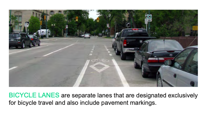 Now here are some images from pages 138 and 139 of the report, which show the difference between a bike lane, a buffered bike lane and a shared use lane. All three of them use paint, but one of them is way worse than the others. 4/