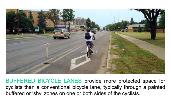 Now here are some images from pages 138 and 139 of the report, which show the difference between a bike lane, a buffered bike lane and a shared use lane. All three of them use paint, but one of them is way worse than the others. 4/