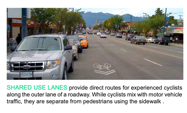 Now here are some images from pages 138 and 139 of the report, which show the difference between a bike lane, a buffered bike lane and a shared use lane. All three of them use paint, but one of them is way worse than the others. 4/