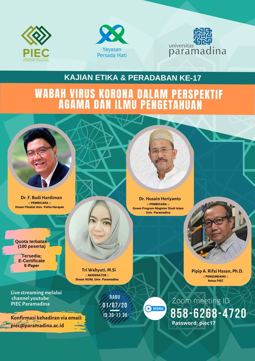 paramadina's tweet image. PIEC KEP-17: Wabah Virus Korona dalam Perspektif Agama dan Ilmu Pengetahuan
bsm: Dr. F. Budi Hardiman, Dr. Husain Heriyanto Tri Wahyuti, M.Si. ⁣
@aanrukmana @fizfirmanzah

paramadina.ac.id/content/homepa…

#SIMAK_UI #SBMPTN #kampus #ugm #unpad #s2 #pascasarjana #pasca