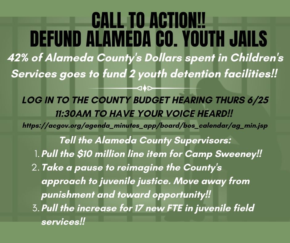 ellabakercenter's tweet photo. Call the Alameda County Board of Supervisors and tell them to reinvest the $10Million for Camp Sweeney and the $24 Million for @ACSOSheriffs to community based health services and youth programs. #DefundACSO #CareNotCages #FreeSRJ https://t.co/dMraYZmOMZ