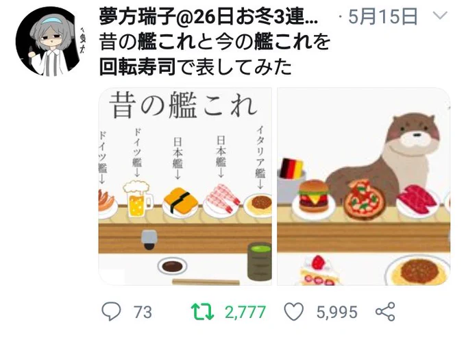 #自分のTwitterいいねTOP3をあげる第三位回転寿司第二位のび太くん第一位食堂のおばちゃん艦これ要素ぉ!!!! 