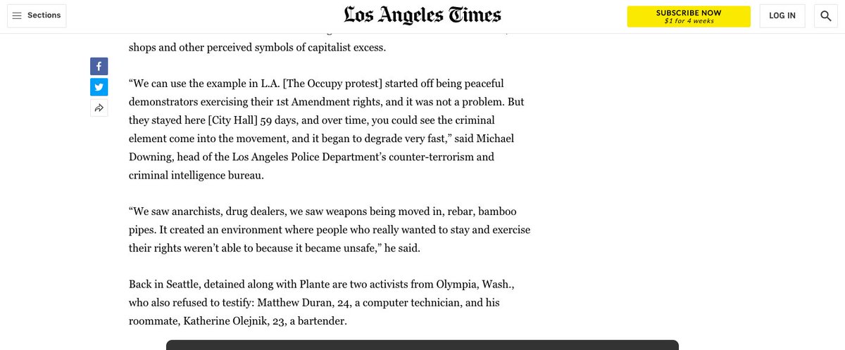 &WHOA, notice the repeating tactics and phrases from the LAPD counter-terrorism & criminal intelligence bureau on Occupy and the tactics and phrases from Durkan on BLM. [Story again concerning her prosecution of two completely innocent activists  https://www.latimes.com/world/la-xpm-2012-oct-19-la-na-anarchists-grand-jury-20121020-story.html] (29/)