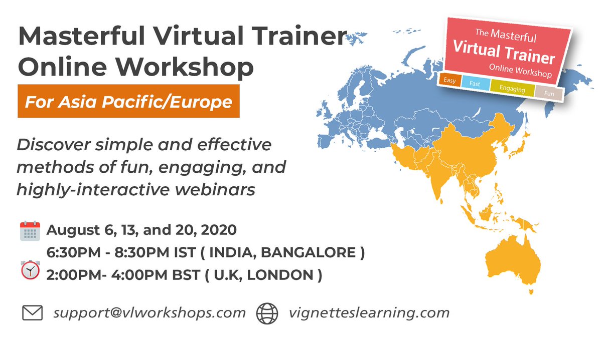 RayJimenez's tweet image. We take pride in our highly-interactive and mentored Masterful Virtual Trainer online workshops and we’re bringing the experience to Asia-Pacific and Europe. See the timezone schedules here. bit.ly/3gWRApL

#VirtualTrainer #APAC #EUTraining #Europe #LearningNeverStops