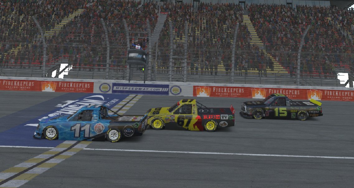 OBRL_Racing's tweet photo. 🏁 Tom Ogle #11 Wins @BRR_PMN @OBRL_Racing Truck Series Race at @MichiganSP !
@67TheMule #67 @RideTV 2nd
Chris Monroe #15 3rd
https://t.co/YLLwvIXm67
#obrl #brr #iracing #iracingleague #oldbastardsracing #burningrubberradio #burningrubber #iracingtrucks #michiganspeedway https://t.co/KfgxuYsui4