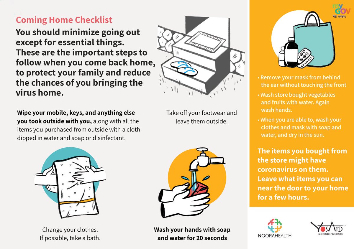 mygovindia's tweet photo. Avoid stepping out of home until it's absolutely necessary! In case you do, here's a set of actions you must follow upon returning back. #IndiaFightsCorona @NooraHealth @MoHFW_India @PMOIndia https://t.co/fYahfm7GQn