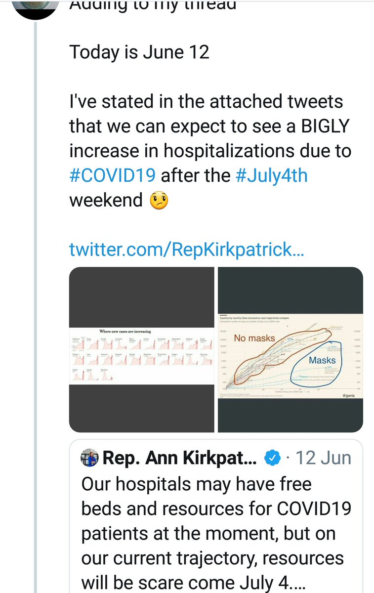 Adding to my threadThese results are from the end of June 24Expect  #July4th weekend and afterwards to be hell in several states It's not like we didn't warn them just a mere....2 months agoIf only they had worn  #Masks #CoronaVirus #COVID19 #ICU #DeathCount #Republicans