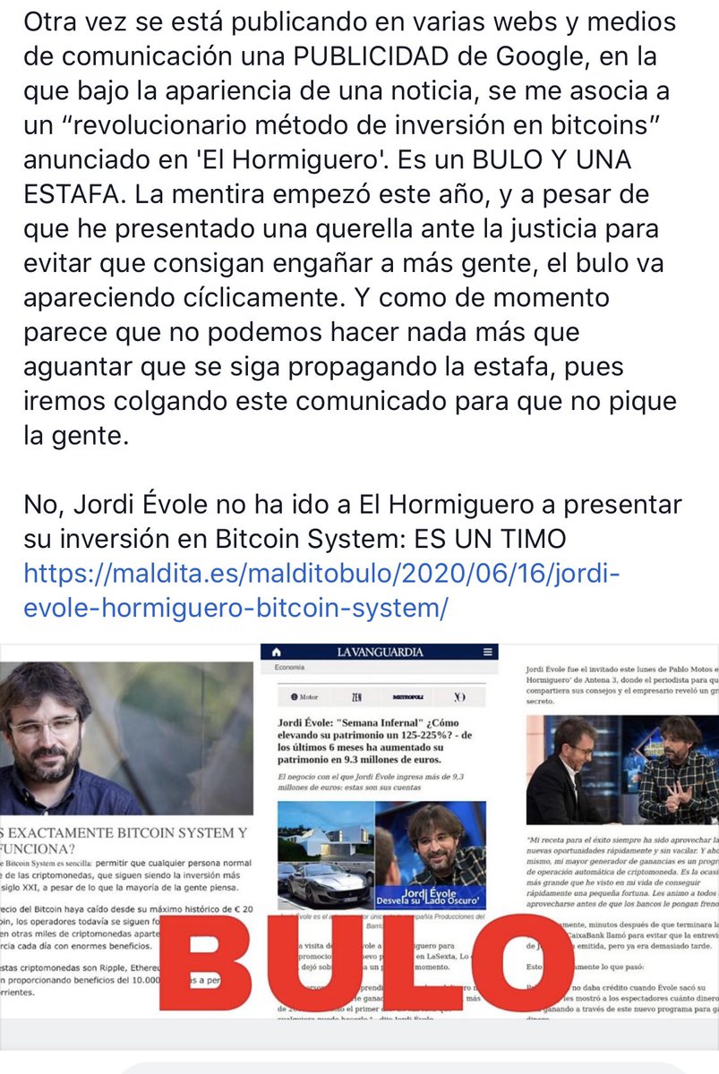 Otra vez se está publicando en varias webs y medios de comunicación una  publicidad de @GoogleES en la que se me asocia a un “revolucionario método  de inversión en bitcoins” que anuncié
