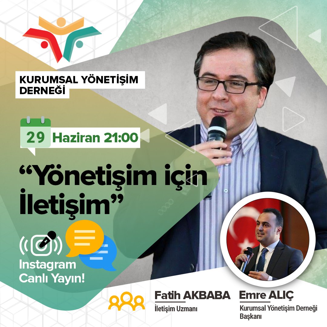 29 Haziran Pazartesi Saat 21'de, Instagram Canlı yayın konuğumuz Sayın Fatih Akbaba (<a href="/akbabafatih/">Fatih Akbaba</a>) kendisiyle Derneğimizin Başkanı Emre Alıç'ın (<a href="/emrealic/">Emre ALIÇ</a> ) moderatörlüğünde "Yönetişim için İletişim" konuşacağız. 
Bizi Instagramda da takip edin: instagram.com/kurumsalyoneti…