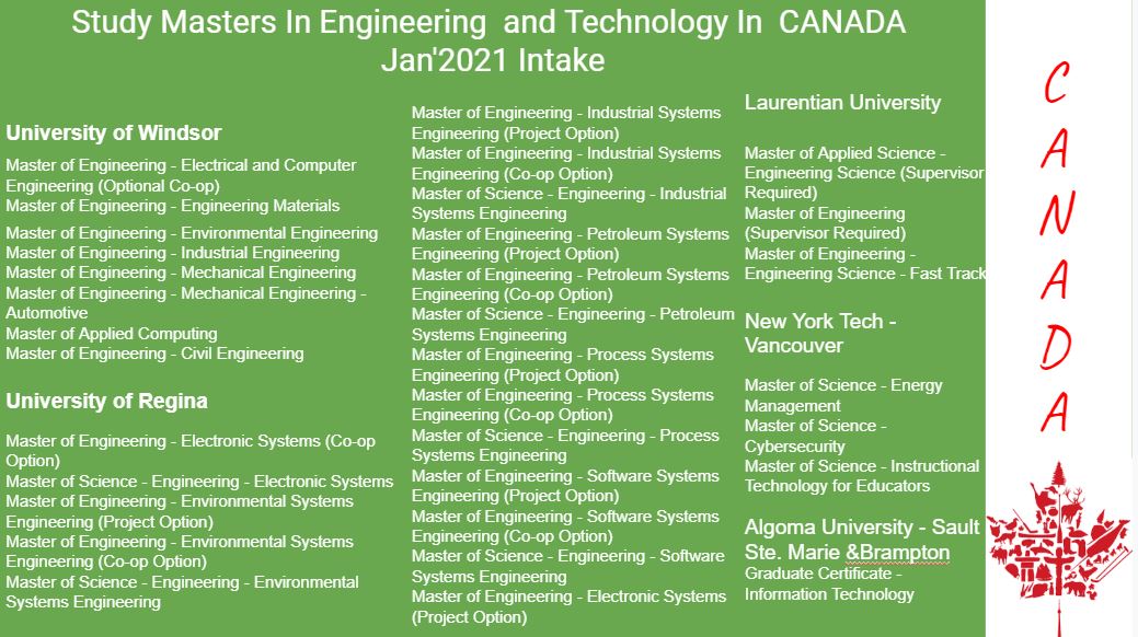 Masters Engineering and Technology Program options in Canada for Jan- 2021 Intake!  

#Studyabroad #Overseaseducation #Studyabroadthrissur #Studyincanada #studyengineeringincanada #studyincanda #movementoreducation #movementorstudyabroad