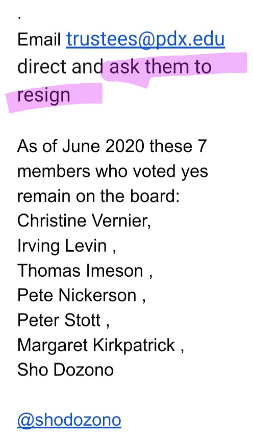<a href="/KBOO/">KBOO 📻</a> <a href="/PortlandStateSU/">PSU Student Union</a> .
trustees@pdx.edu

Email PSU
 Disarm campus cops! The 2014 board vote should be reversed, it killed #JasonWashington 

7 killers still have their job!