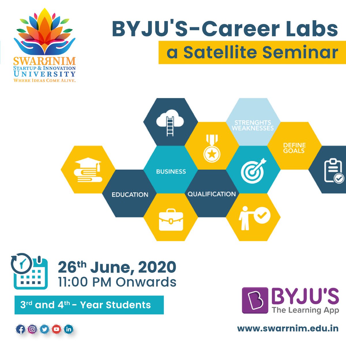 SwarrnimUni's tweet photo. We continuously assist our students to keep them on the right career path. In the series of efforts, we are organizing an exclusive webinar for Swarrnim students on June 26, 2020 in association with BYJU'S.

Register Here: https://t.co/AyiYMLplA2
#career #profilebuilding  #byjus https://t.co/YwBkczbUPZ