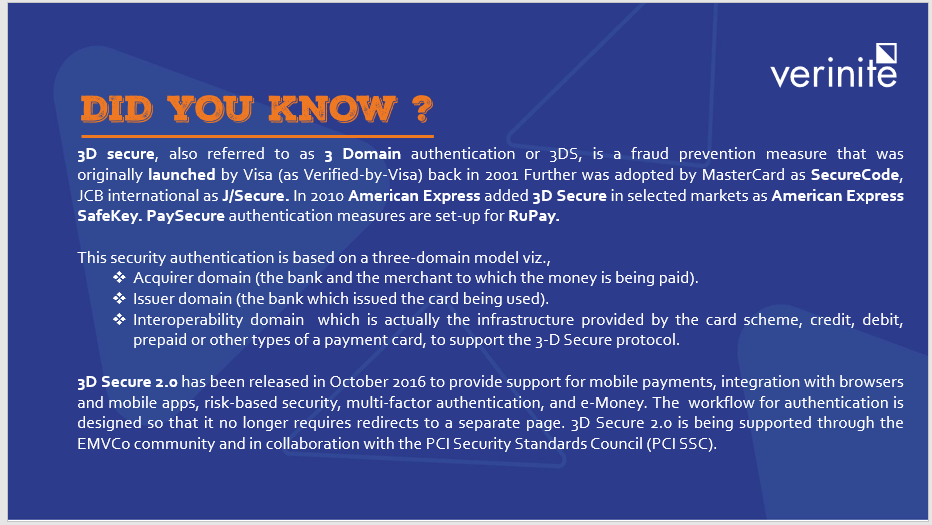 Verinite's tweet photo. Do you know #3DSecure was originally launched by #Visa in 2001? Check out in detail about #3DSecure. @Verinite #CardsandPayment #FraudProtection #RetailBanking #securityauthentication #Mastercard #schemes https://t.co/Ap69XKPzSp