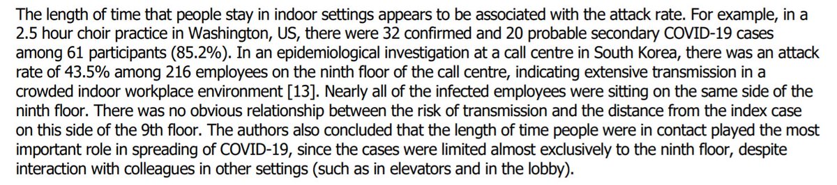 In discussion of choir & call centre case studies that  @erinbromage also discusses, ECDC draws attention (as does  @erinbromage) to significance of length of time of exposure to likelihood of infection. 2/