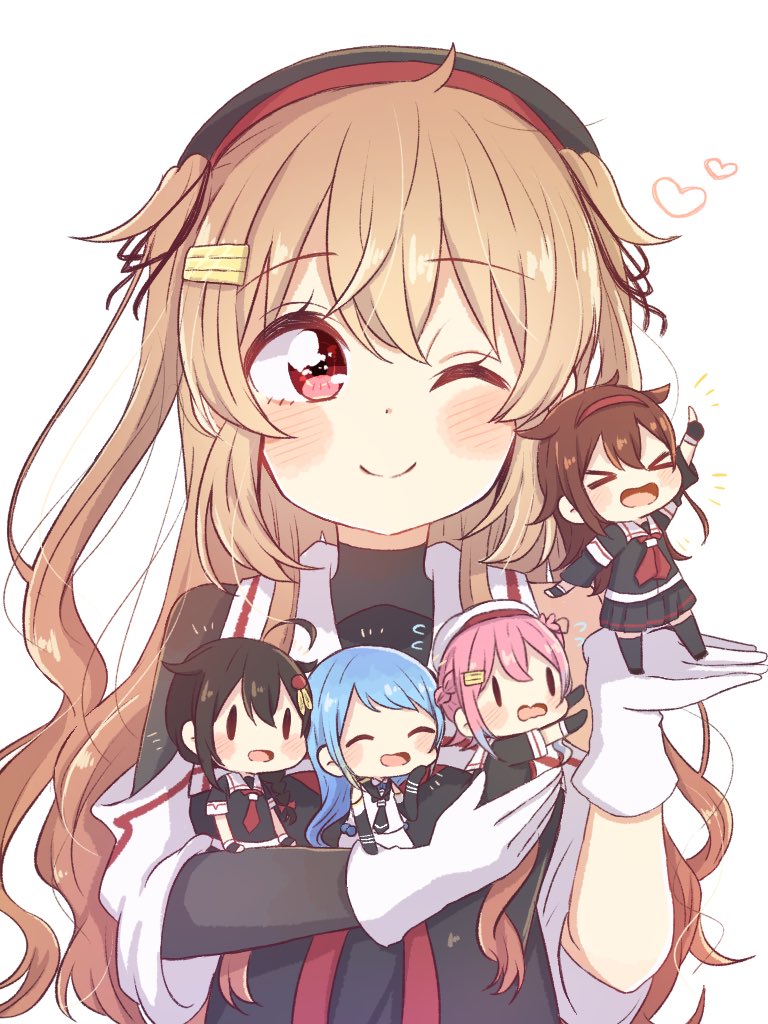 harusame (kancolle) ,murasame (kancolle) ,murasame kai ni (kancolle) ,samidare (kancolle) ,shigure (kancolle) ,shiratsuyu (kancolle) multiple girls gloves long hair school uniform black serafuku serafuku hair flaps  illustration images