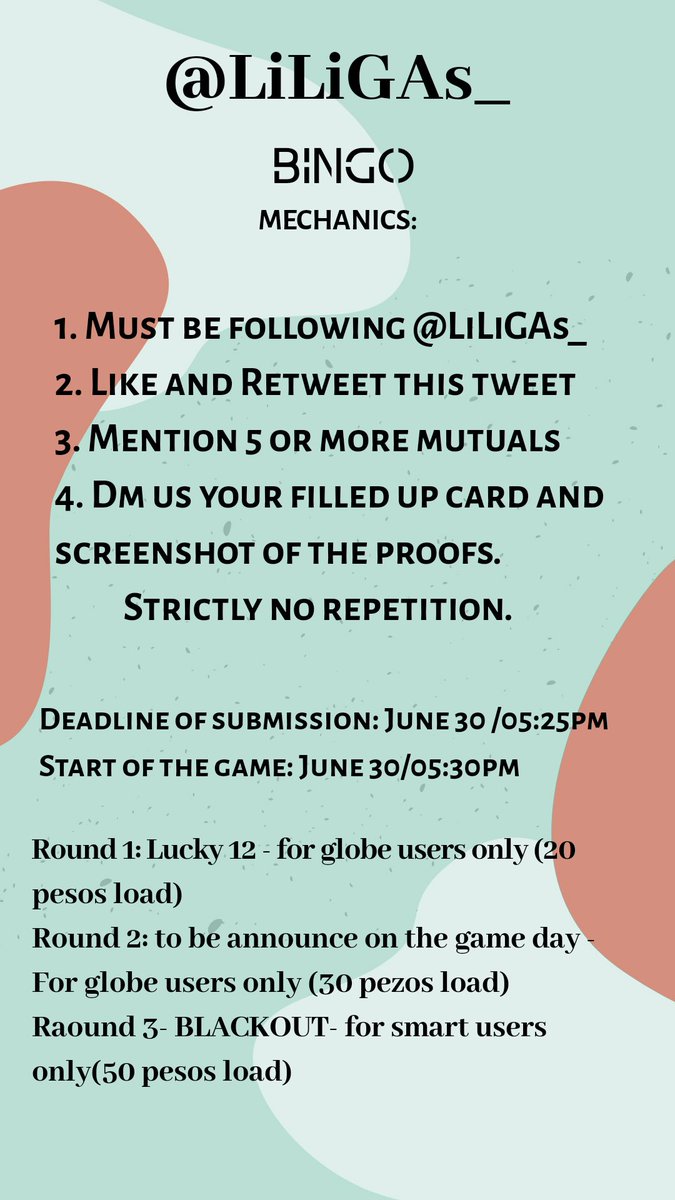 LiLiGAs__'s tweet photo. OUR 1st BINGO GA!!  

-Read and follow the mechanics
-Deadline of submission : June 30 / 5:25
-Game day: June 30/ 5:30 
-wait for our confirmation. 
-Everyone can join
Sorry kung maliit lang yung prizes. SANA MAY SUMALI :> https://t.co/oAdHxVzr5d