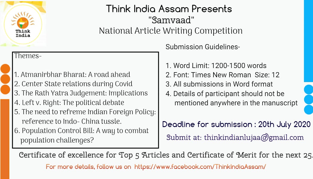 ThinkIndiaHP's tweet photo. Think India Assam is organising *'Samvaad'* National Online Article writing competition.

Submission Deadline: 20th July 2020. https://t.co/WpLX9UTm4f