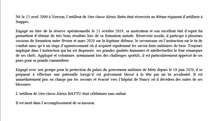 CEMAT_FR's tweet photo. Profonde tristesse après le décès accidentel cette nuit du 1re CL Alexis BATTU, reserviste au  @40RA_Officiel, en mission de garde au palais du gouverneur militaire de Metz. J’assure à sa famille et ses camarades tout mon soutien et celui de ses camarades de l’@armeedeterre. https://t.co/VXGBxybkGk