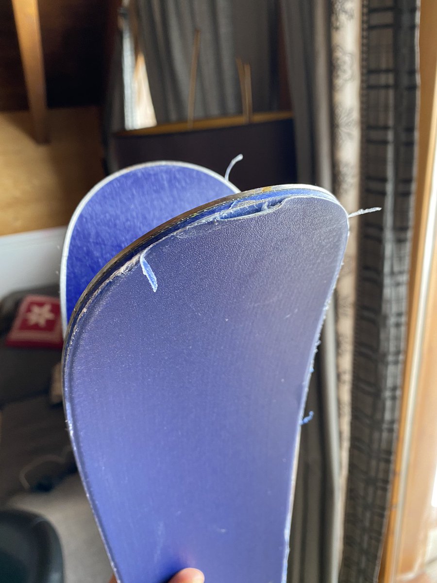 TomJHunt's tweet photo. @ekosport claim that this damage is due to misuse of the product. Photo taken after one days skiing (🤔🤔) on these new Faction CT 2.0 costing almost £700! Disgraceful company - I’d advise to be careful of purchasing anything from this company. https://t.co/kSZVH1oWb5