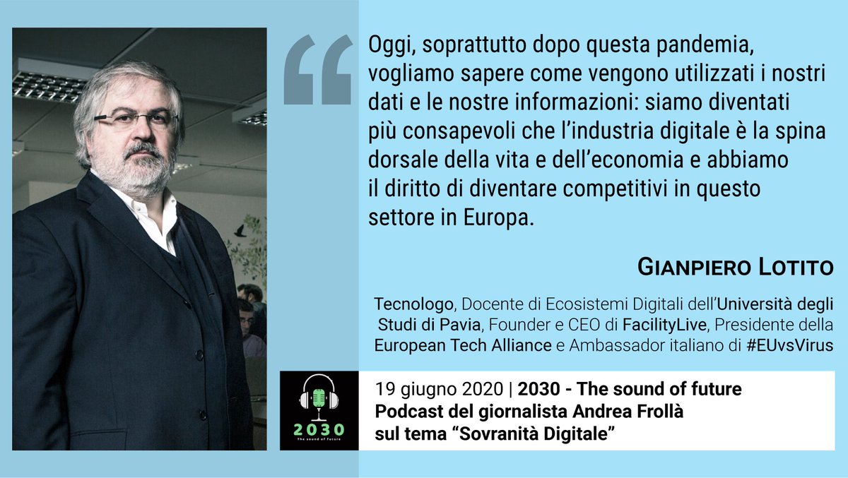 .<a href="/GianpieroLotito/">Gianpiero Lotito</a> ha parlato dell’importanza dell’industria digitale in Europa a “2030 - The sound of #future”: il podcast di <a href="/andrewjfro/">Andrea Frollà</a> su innovazione e futuro.
#innovazione #sovranità #digitale #tecnologia #tech #Europa