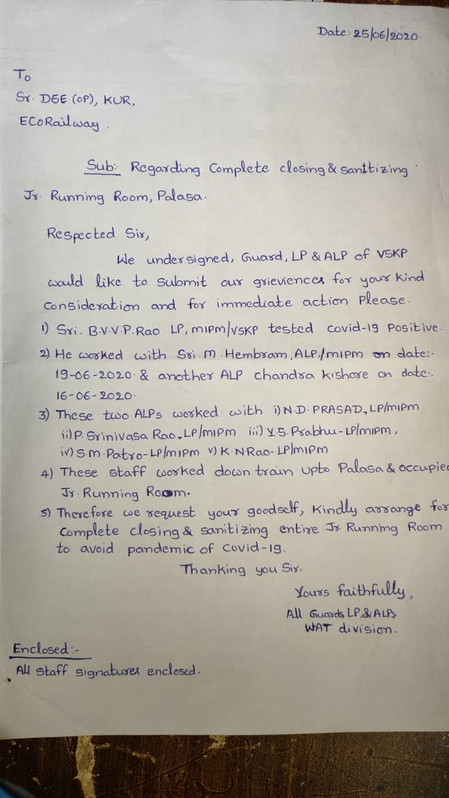 @DRMKhurdaroad @drmwat_ecor @adrmkur All India Guards' council,ECoR, draws your attention regarding COVID19 problem in Jr. Palasa running room through attached letter for needful kind action.
Santosh Nishank
Zonal Secretary
AIGC/ECOR